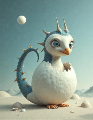 The primary subject of the image is a blue and white dragon-like creature sitting on a rocky surface. The dragon appears to be a cartoon or digital art creation, with a mix of blue and white colors. The setting is a rocky environment, and the visual style suggests that the image is a digital art or illustration. The overall atmosphere of the image is playful and whimsical, with the dragon being the main focus of the scene.